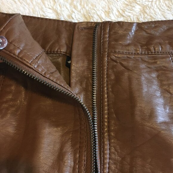 Cognac Vegan Leather Zip Up High Waist Mini Skirt - Picture 5 of 16